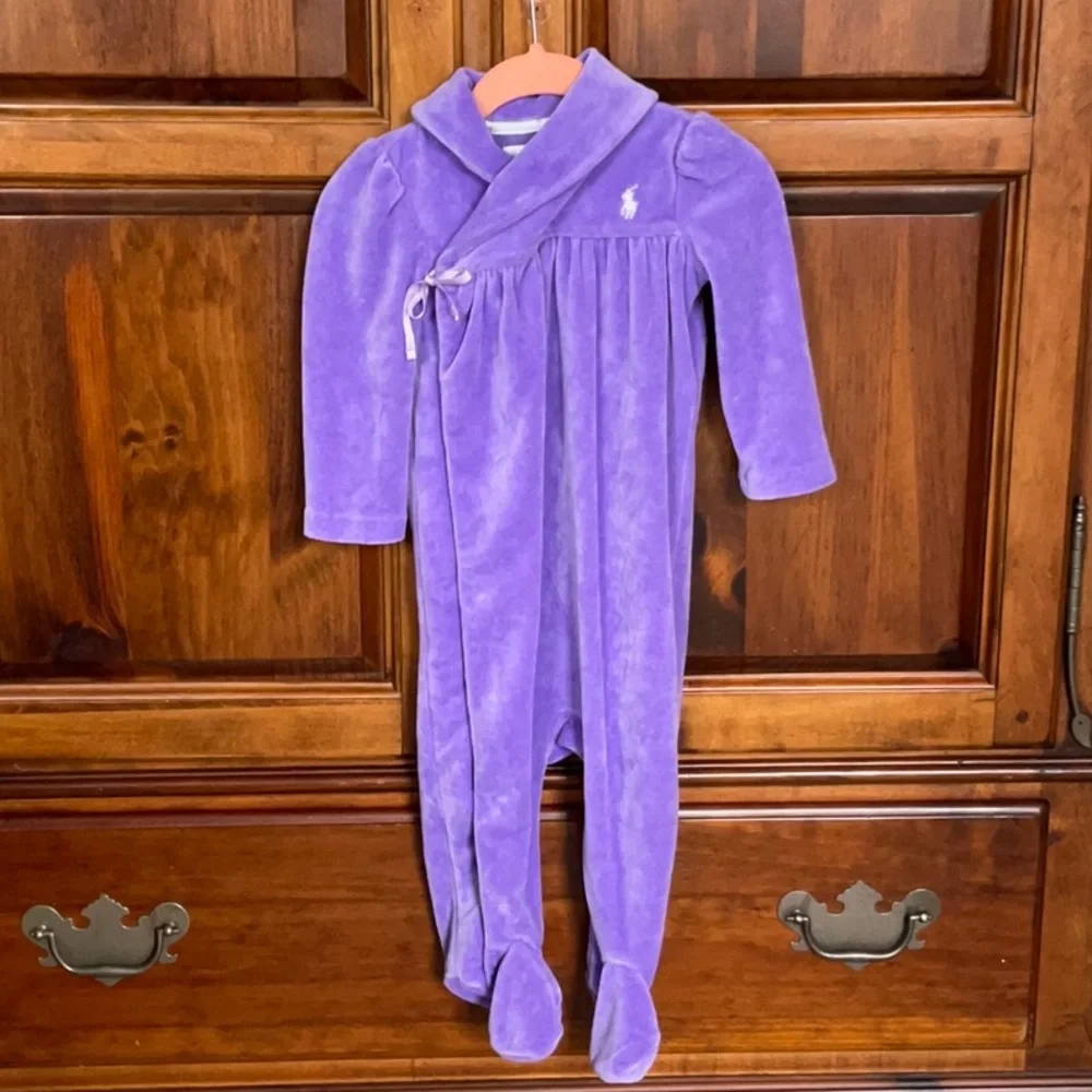 Ralph Lauren Purple Plush Velour Footed Onesie Size 9 Month Quiet Luxury Preppy